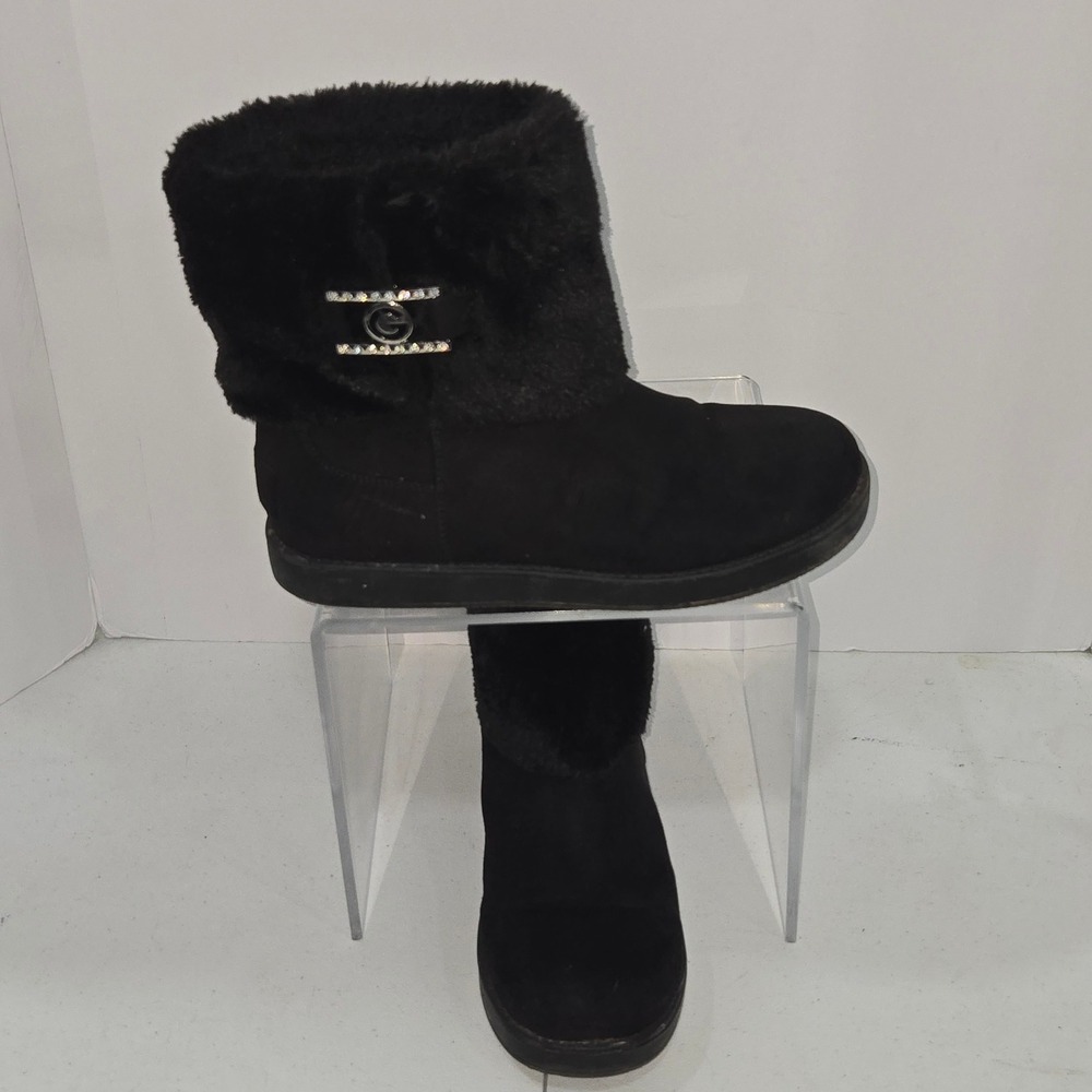 G by Guess Womens Black Faux Suede Fur Trim Rhinestone Winter Boots 8M AC939